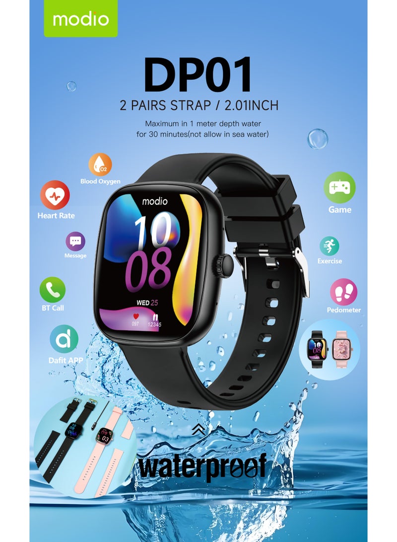 موديو ساعة Modio DP01 الذكية المقاومة للماء، بشاشة لمس كاملة 2.01 بوصة، تدعم مكالمات البلوتوث، مزودة بزوجين من الأساور وكابل شحن، مصممة للرجال والنساء، لون أسود - Image 2